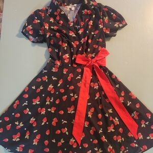 Unique Vintage Black & Strawberries Wrap Dress - M/6-8